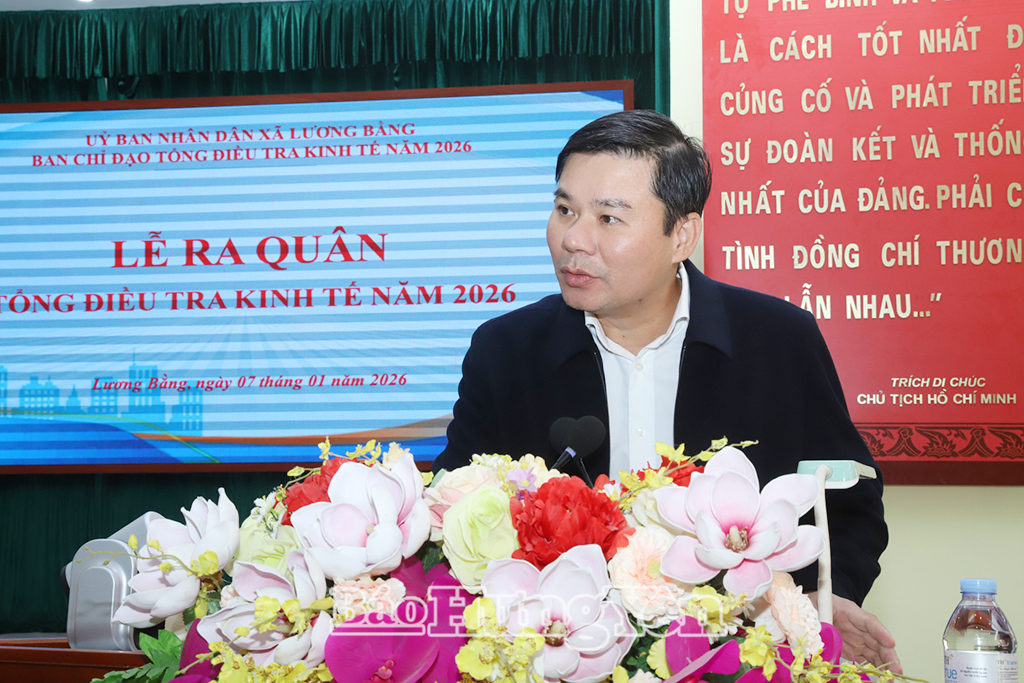 Đồng chí Nguyễn Lê Huy, Ủy viên Ban Thường vụ Tỉnh ủy, Phó Chủ tịch Thường trực UBND tỉnh, Trưởng Ban Chỉ đạo tỉnh về Tổng điều tra kinh tế năm 2026 phát biểu tại lễ ra quân.