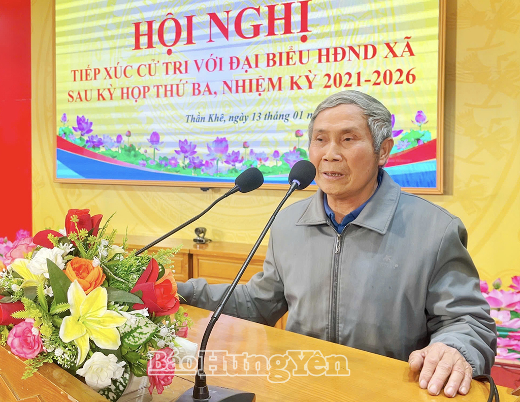 Cử tri thôn Mỹ Thịnh phát biểu ý kiến tại buổi tiếp xúc.