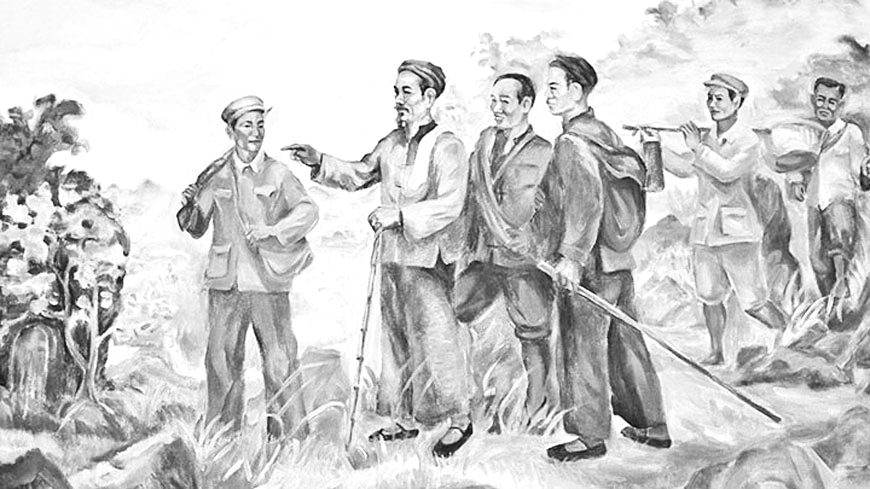 Ngày 28/1/1941, Bác Hồ về nước trực tiếp lãnh đạo cách mạng Việt Nam (tranh Trịnh Phòng, phóng tác Hoàng Ích Thu). Nguồn: Ban Tuyên giáo và Dân vận Tỉnh ủy Cao Bằng.