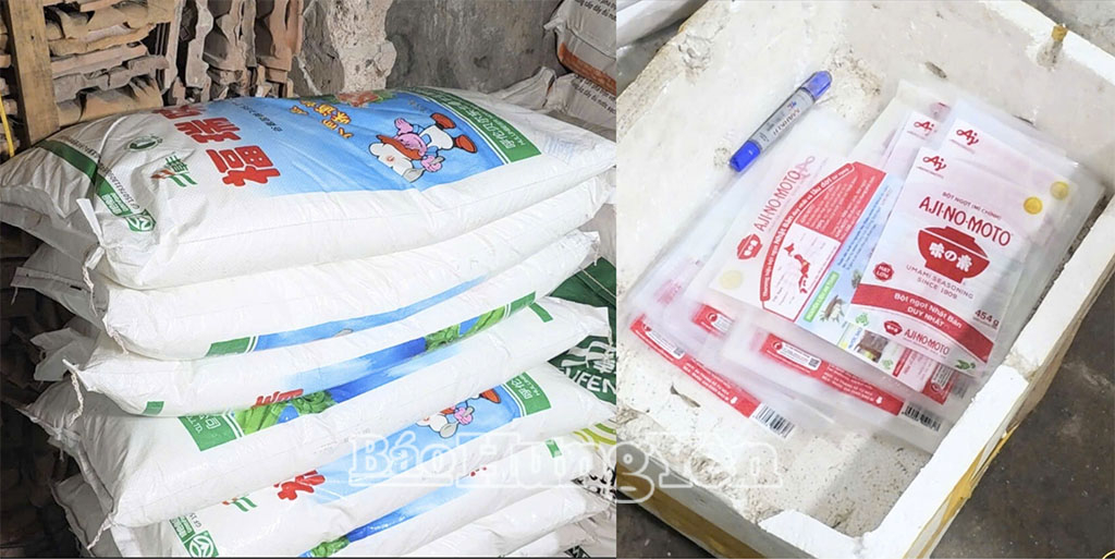 Các bao nguyên liệu ghi chữ nước ngoài và vỏ gói mì chính giả do Nguyễn Viết Long sử dụng trong quá trình sản xuất hàng giả, bị lực lượng chức năng thu giữ.