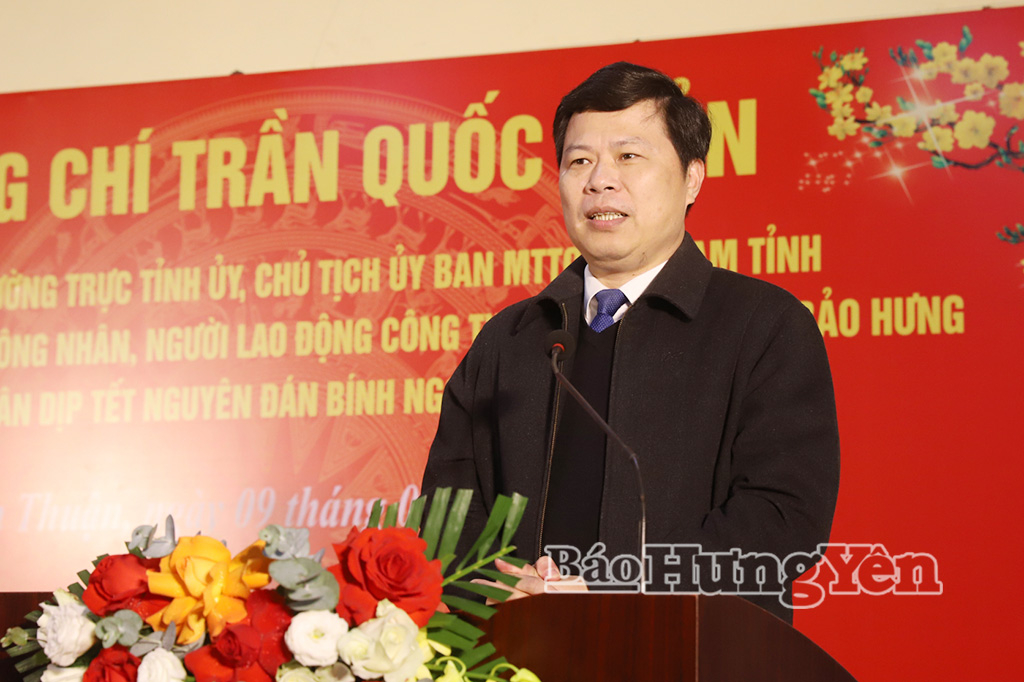 Đồng chí Trần Quốc Toản, Phó Bí thư Thường trực Tỉnh ủy, Chủ tịch Ủy ban MTTQ Việt Nam tỉnh phát biểu tại Công ty Cổ phần Quốc tế Bảo Hưng.