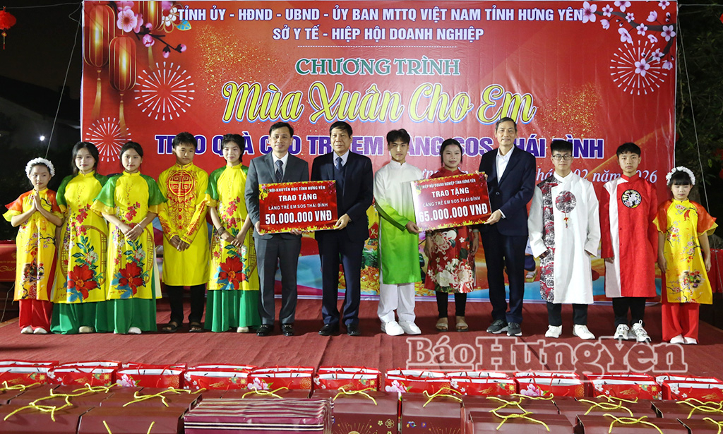 Các đồng chí lãnh đạo Hiệp hội Doanh nghiệp tỉnh, Hội Khuyến học tỉnh trao kinh phí hỗ trợ Làng trẻ em SOS Thái Bình.