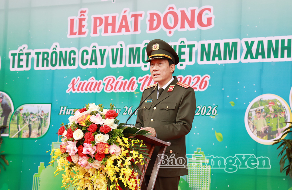 Đại tướng Lương Tam Quang, Ủy viên Bộ Chính trị, Bộ trưởng Bộ Công an phát biểu phát động “Tết trồng cây năm 2026 - Vì một Việt Nam xanh”.