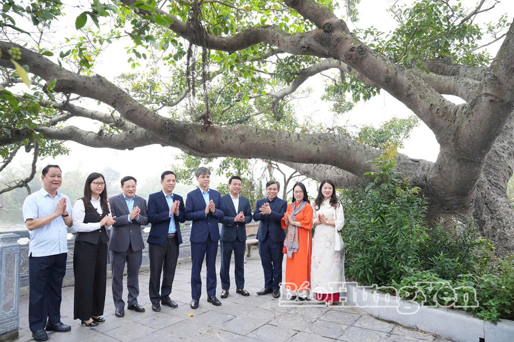 Các đại biểu chụp ảnh lưu niệm bên cây đa Sài Thị, nơi thành lập Chi bộ Đảng Cộng sản đầu tiên của tỉnh Hưng Yên.