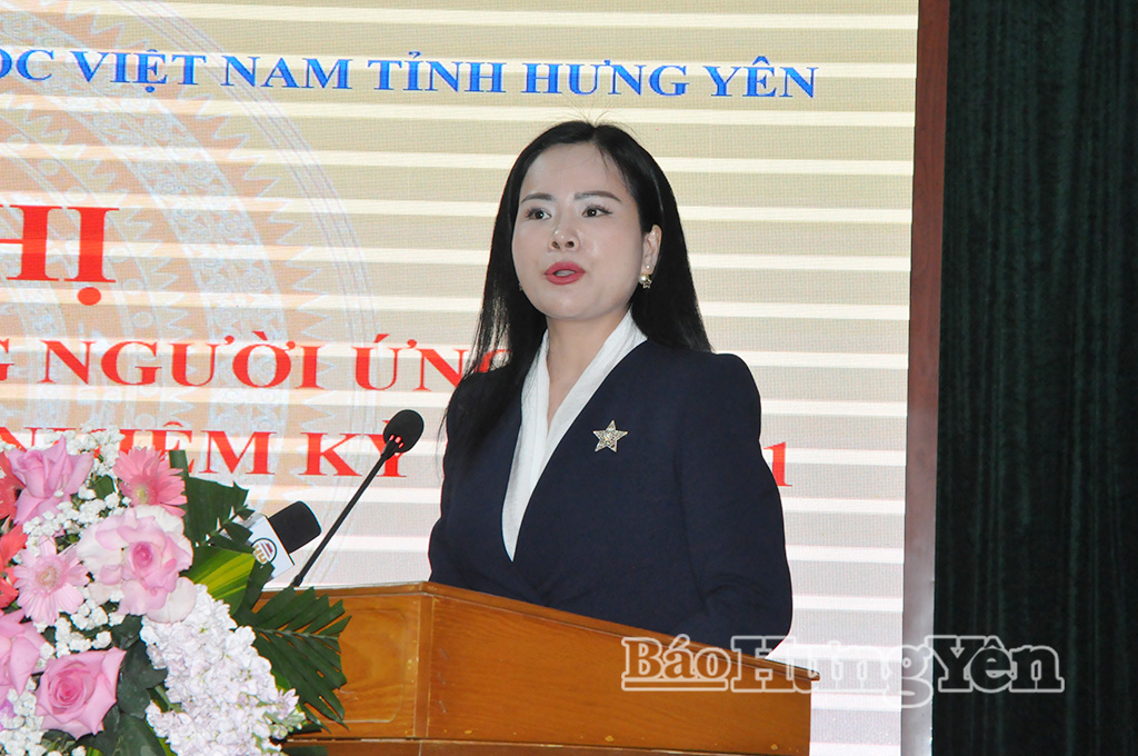 Bà Nguyễn Thị Thanh Bình, Phó Chủ tịch Hiệp hội Năng lượng Việt Nam, Phó Chủ tịch Hiệp hội Doanh nghiệp tỉnh Hưng Yên, Hội viên Hội Luật gia tỉnh Hưng Yên, Phó Tổng Giám đốc Tập đoàn T&T Group, Chủ tịch Tập đoàn Năng lượng T&T trình bày chương trình hành động tại hội nghị tiếp xúc cử tri.