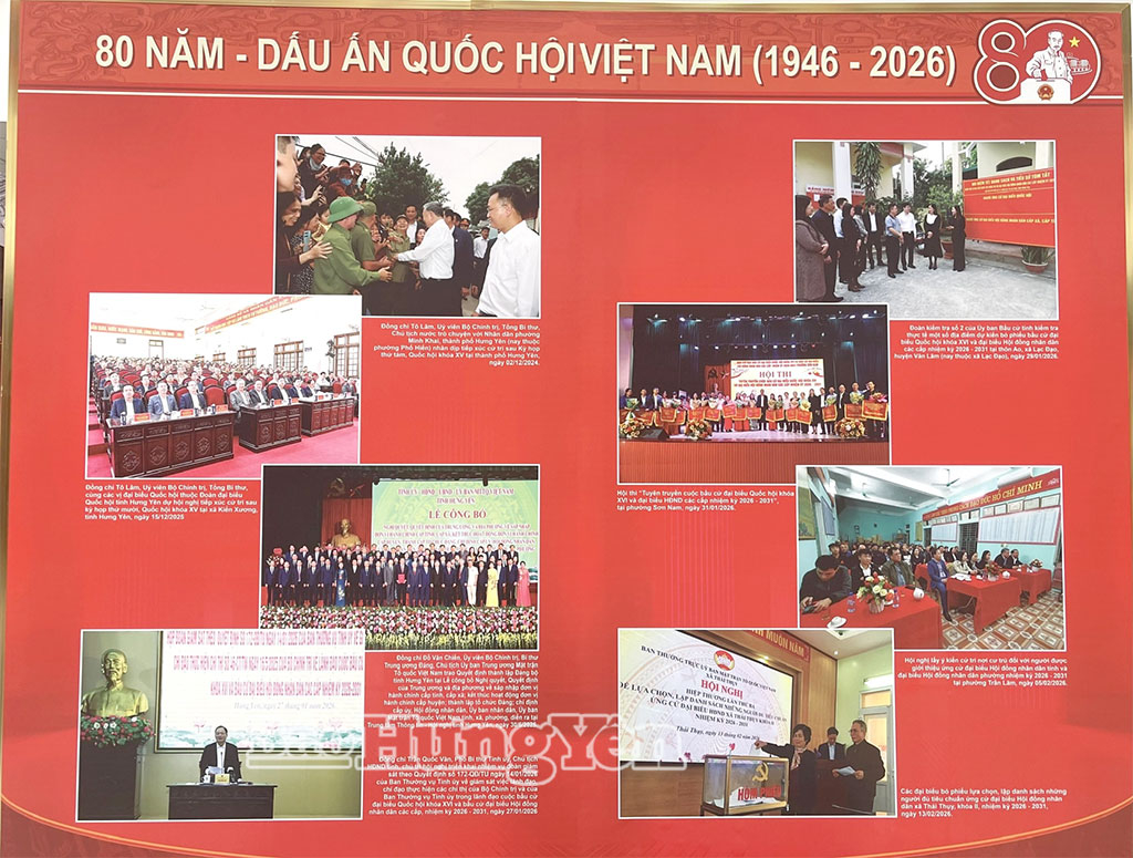 Hình ảnh trưng bày chuyên đề “80 năm – Dấu ấn Quốc hội Việt Nam (1946 – 2026)” tại Bảo tàng tỉnh Hưng Yên.