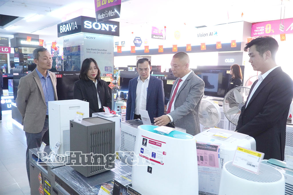 Các đại biểu tham quan hoạt động kinh doanh tại Siêu thị Mediamart (phường Phố Hiến).