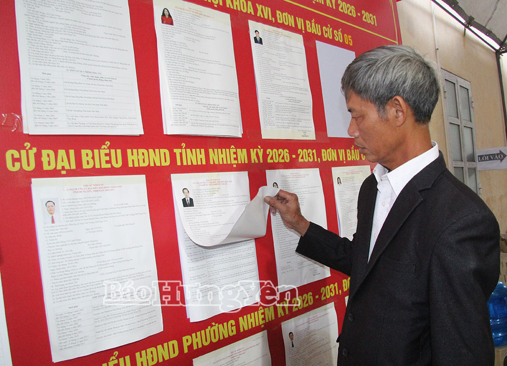 Các cử tri khu vực bỏ phiếu số 9, phường Trà Lý tìm hiểu tiểu sử người ứng cử trước khi bỏ phiếu.