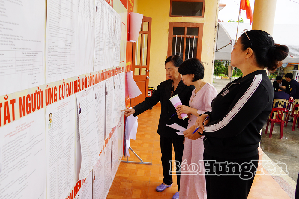 Cử tri xã Đông Hưng tìm hiểu tiểu sử người ứng cử trước khi bỏ phiếu.