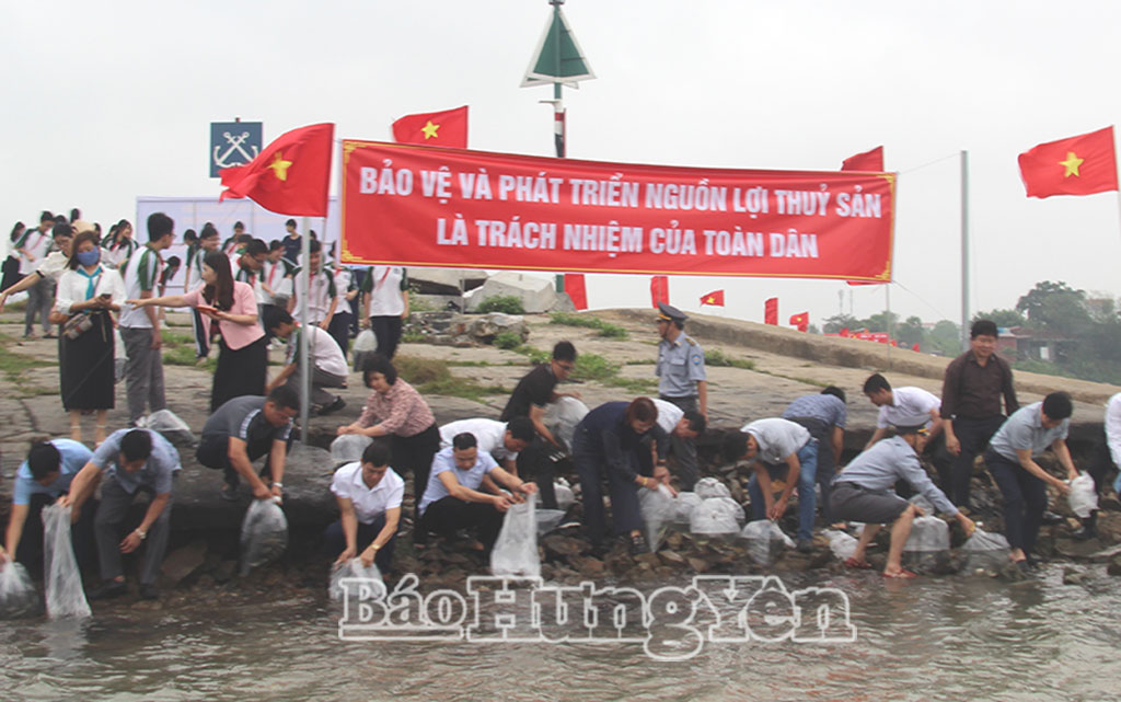 Các đại biểu tham gia thả giống thủy sản ra vùng nước tự nhiên.