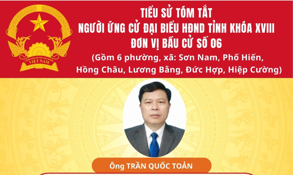 TIỂU SỬ V&Agrave; CHƯƠNG TR&Igrave;NH H&Agrave;NH ĐỘNG CỦA ỨNG CỬ VI&Ecirc;N ĐẠI BIỂU HĐND TỈNH KH&Oacute;A XVIII TẠI ĐƠN VỊ BẦU CỬ SỐ 6: &Ocirc;NG TRẦN QUỐC TOẢN