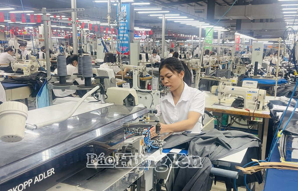 Chị Nguyễn Thị Xuân Quỳnh, Xí nghiệp May Veston Hưng Hà đã thành thạo vận hành máy là hơi tự động trị giá hơn 1 tỷ đồng.