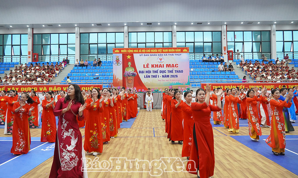 Tiết mục múa dân vũ tại Đại hội TDTT xã Thái Thụy lần thứ I, năm 2026.