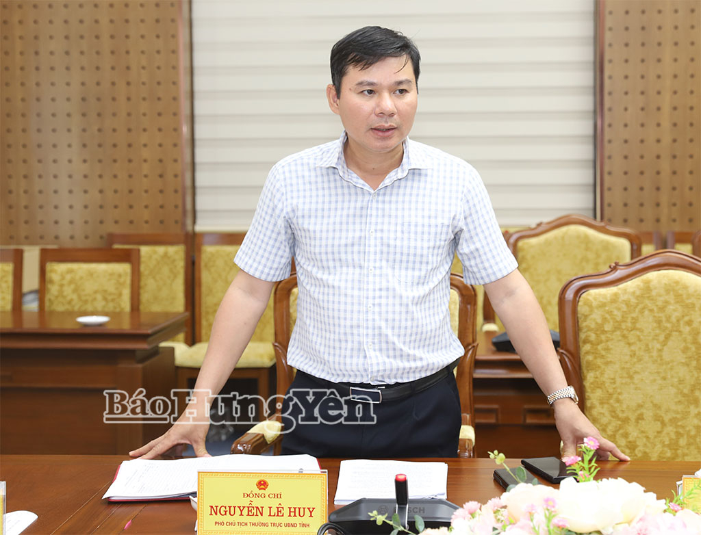 Đồng chí Nguyễn Lê Huy, Ủy viên Ban Thường vụ Tỉnh ủy, Phó Chủ tịch Thường trực UBND tỉnh phát biểu tại cuộc họp.