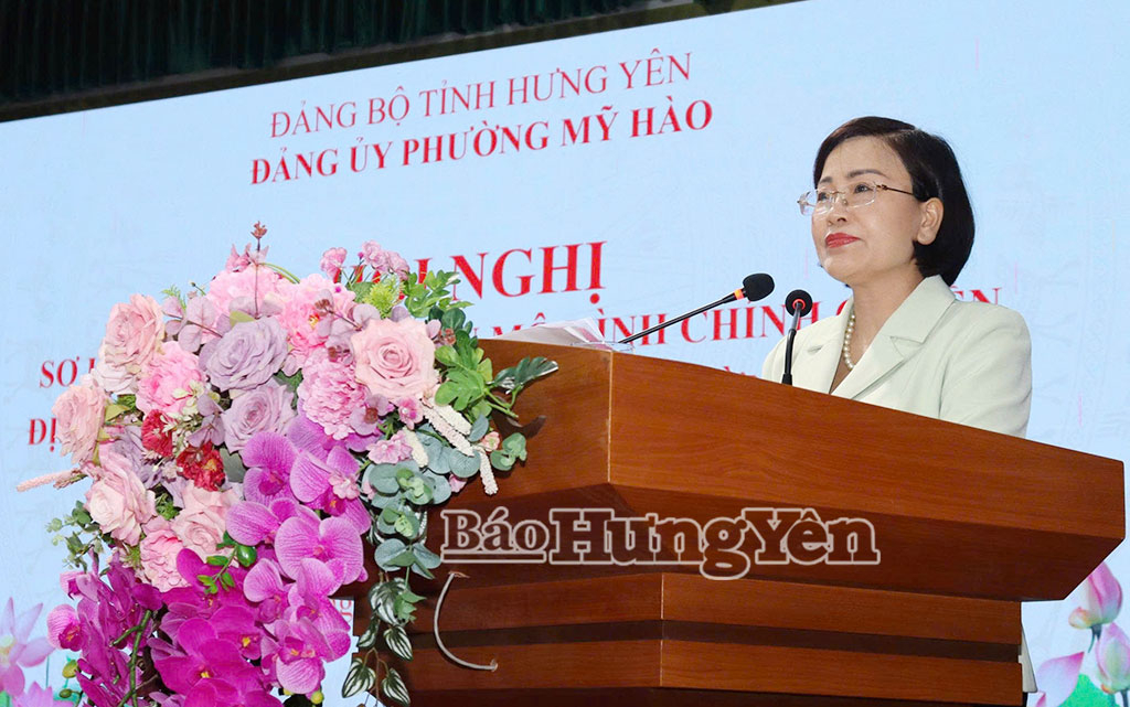 Đồng chí Trần Thị Thanh Thủy, Ủy viên Ban Thường vụ Tỉnh ủy, Bí thư Đảng ủy, Chủ tịch HĐND phường Mỹ Hào phát biểu tại hội nghị.