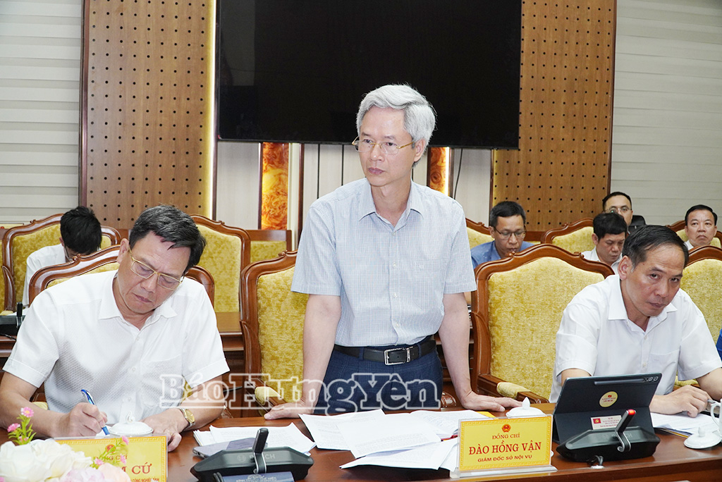 Đồng chí Đào Hồng Vận, Ủy viên Ban Thường vụ Tỉnh ủy, Giám đốc Sở Nội vụ phát biểu tại cuộc họp.