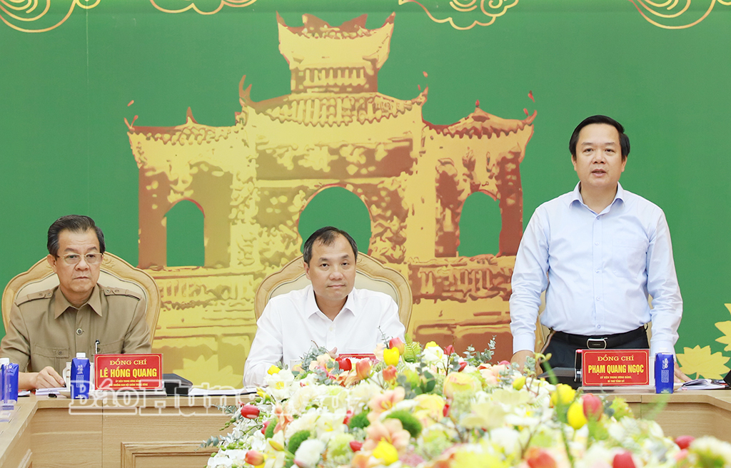 Đồng chí Phạm Quang Ngọc, Ủy viên Ban Chấp hành Trung ương Đảng, Bí thư Tỉnh ủy phát biểu tại buổi làm việc.