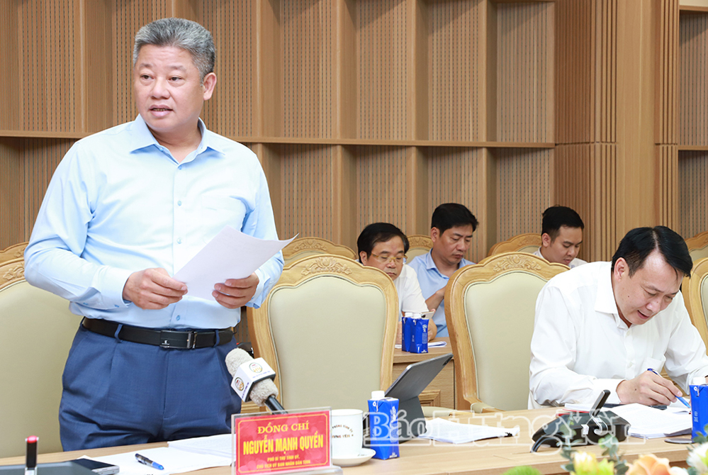 Đồng chí Nguyễn Mạnh Quyền, Phó Bí thư Tỉnh ủy, Chủ tịch UBND tỉnh phát biểu tại buổi làm việc. 