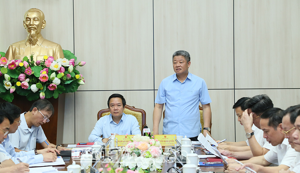 Đồng chí Nguyễn Mạnh Quyền, Phó Bí thư Tỉnh ủy, Chủ tịch UBND tỉnh phát biểu tại cuộc họp. 