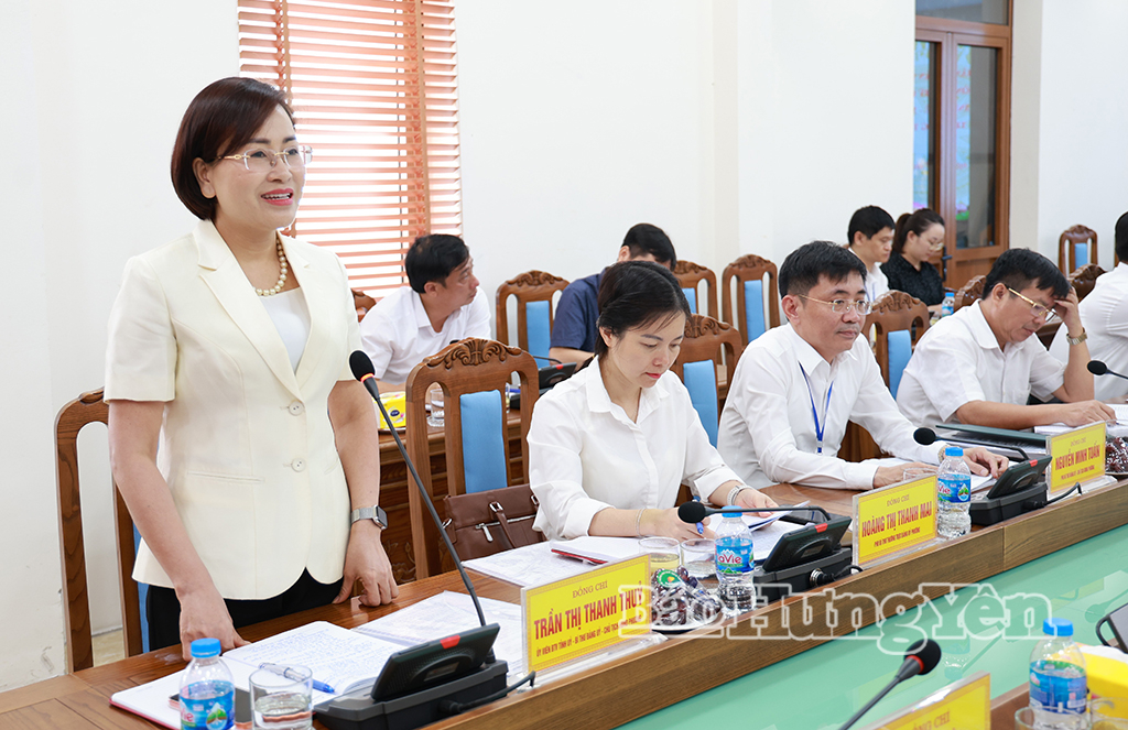 Đồng chí Trần Thị Thanh Thủy, Ủy viên Ban Thường vụ Tỉnh ủy, Bí thư Đảng ủy, Chủ tịch HĐND Mỹ Hào phát biểu tại buổi làm việc.