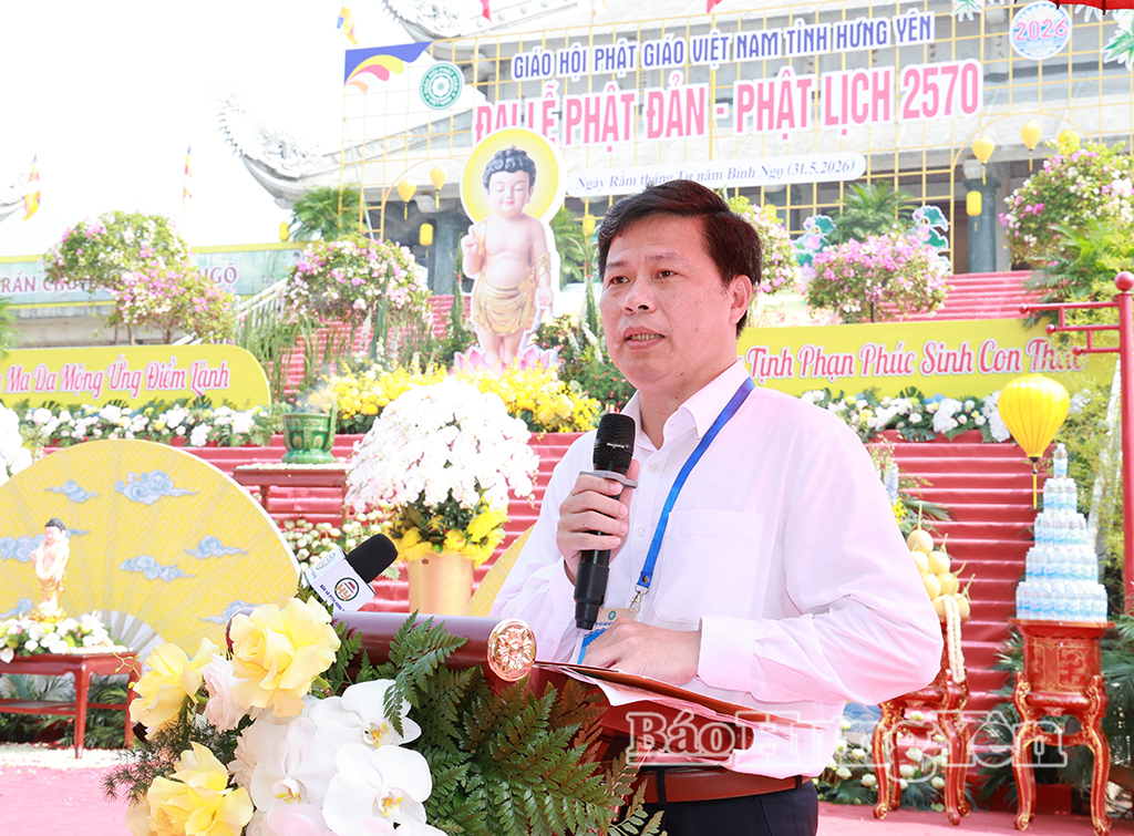 Đồng chí Trần Quốc Toản, Phó Bí thư Thường trực Tỉnh ủy, Chủ tịch Ủy ban MTTQ Việt Nam tỉnh, Trưởng Ban Chỉ đạo công tác Tôn giáo tỉnh phát biểu tại Đại lễ.