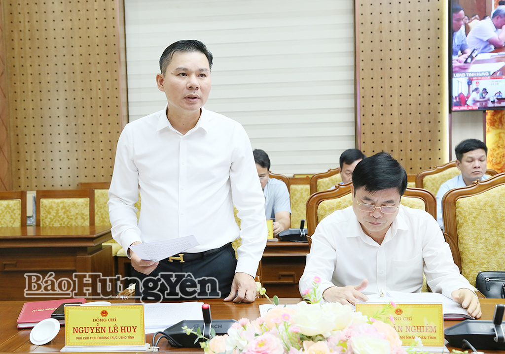 Đồng chí Nguyễn Lê Huy, Ủy viên Ban Thường vụ Tỉnh ủy, Phó Chủ tịch Thường trực UBND tỉnh phát biểu tại phiên họp.