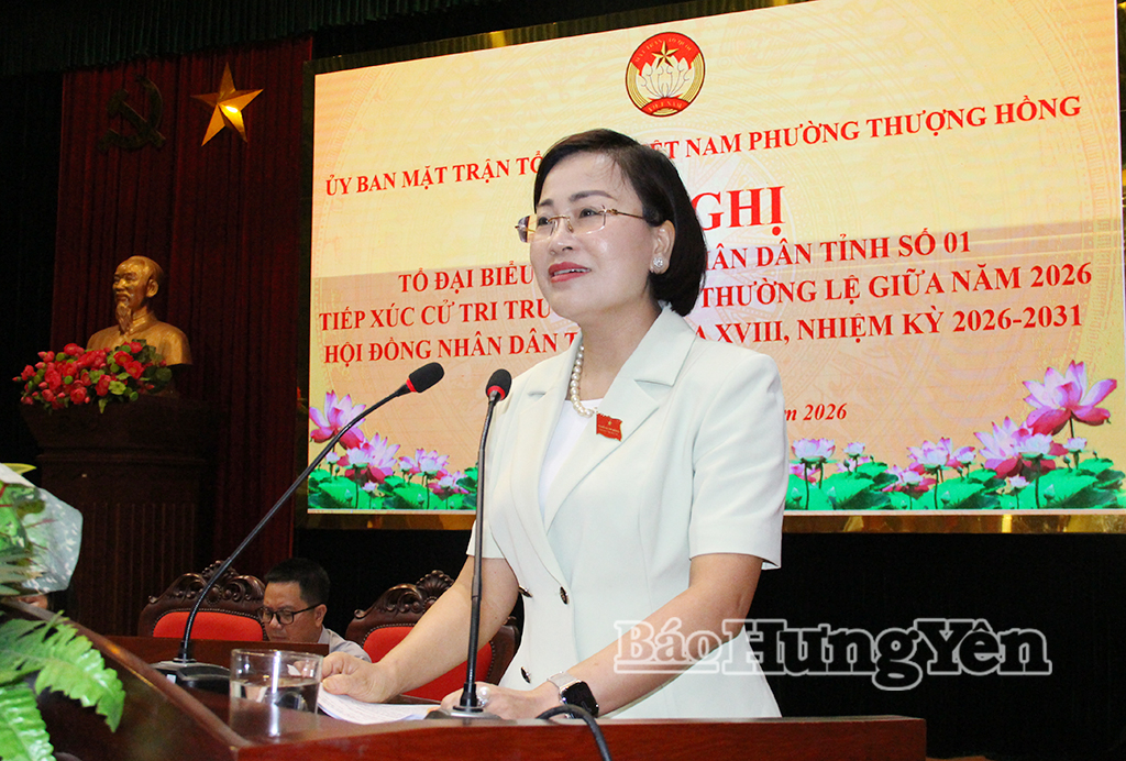 Đồng chí Trần Thị Thanh Thủy, Ủy viên Ban Thường vụ Tỉnh ủy, Bí thư Đảng ủy, Chủ tịch HĐND phường Mỹ Hào phát biểu tại hội nghị.
