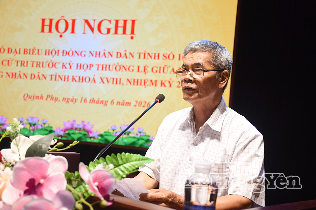 Cử tri xã Quỳnh Phụ phát biểu tại hội nghị.