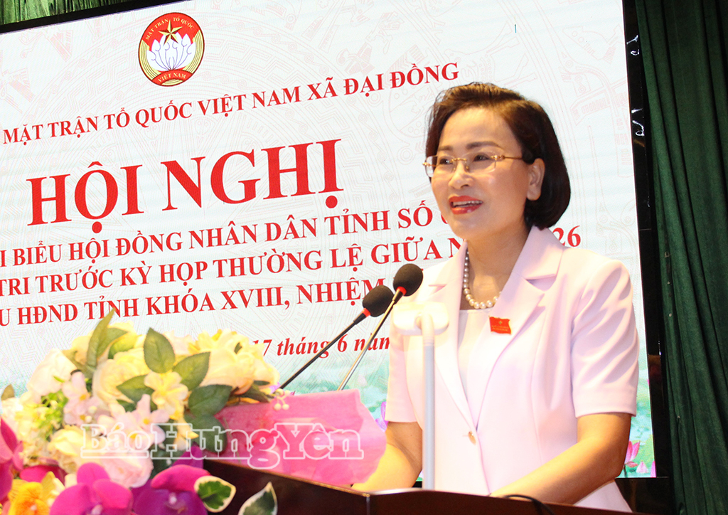 Đồng chí Trần Thị Thanh Thủy, Ủy viên Ban Thường vụ Tỉnh ủy, Bí thư Đảng ủy, Chủ tịch HĐND phường Mỹ Hào phát biểu tại hội nghị.