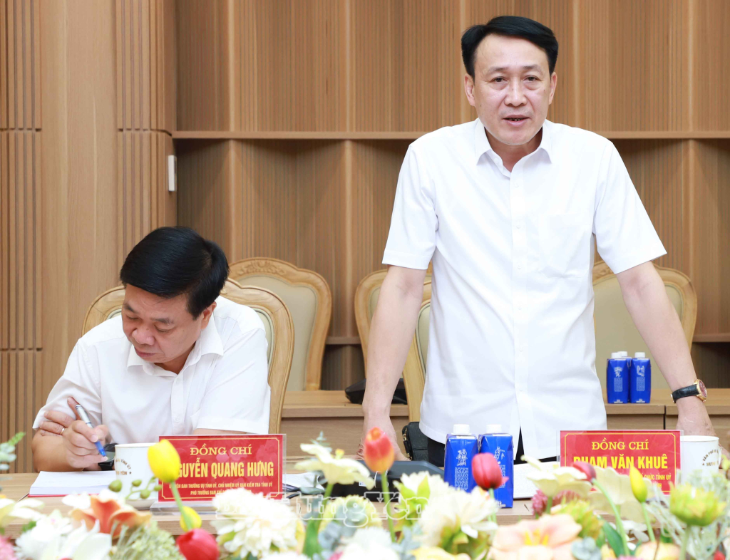 Đồng chí Phạm Văn Khuê, Ủy viên Ban Thường vụ Tỉnh ủy, Trưởng ban Tổ chức Tỉnh ủy phát biểu tại phiên họp.
