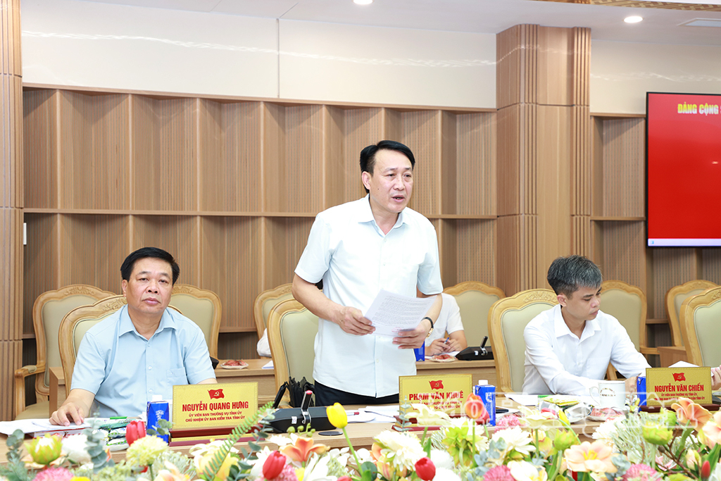 Đồng chí Phạm Văn Khuê, Ủy viên Ban Thường vụ Tỉnh ủy, Trưởng ban Tổ chức Tỉnh ủy phát biểu tại cuộc họp.