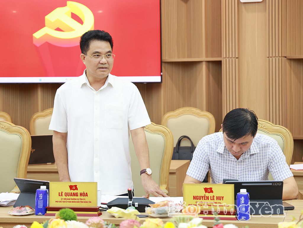 Đồng chí Lê Quang Hòa, Ủy viên Ban Thường vụ Tỉnh ủy, Phó Chủ tịch UBND tỉnh phát biểu tại cuộc họp.