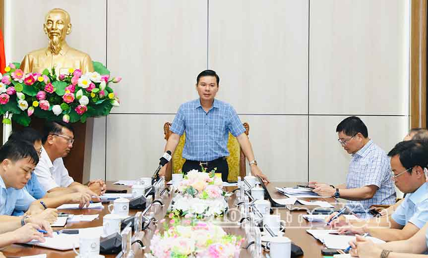 Đồng chí Nguyễn Lê Huy, Ủy viên Ban Thường vụ Tỉnh ủy, Phó Chủ tịch Thường trực UBND tỉnh phát biểu tại cuộc họp.