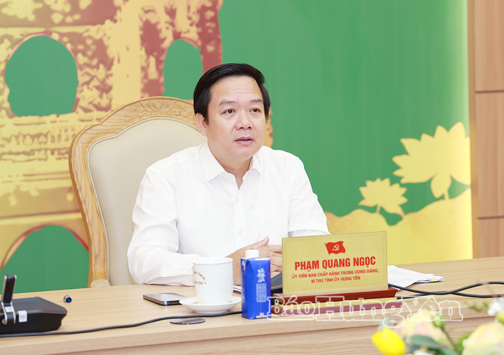 Đồng chí Phạm Quang Ngọc, Ủy viên Ban Chấp hành Trung ương Đảng, Bí thư Tỉnh ủy phát biểu tại cuộc họp.