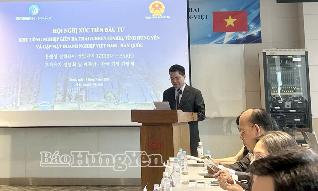 Đồng chí Phó Chủ tịch UBND tỉnh Lê Quang Hòa phát biểu tại hội nghị xúc tiến đầu tư vào Khu công nghiệp Liên Hà Thái và gặp mặt doanh nghiệp Việt Nam – Hàn Quốc.