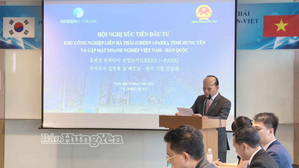 Lãnh đạo Công ty Cổ phần Green i-Park phát biểu tại hội nghị xúc tiến đầu tư vào KCN Liên Hà Thái và gặp mặt doanh nghiệp Hàn Quốc.