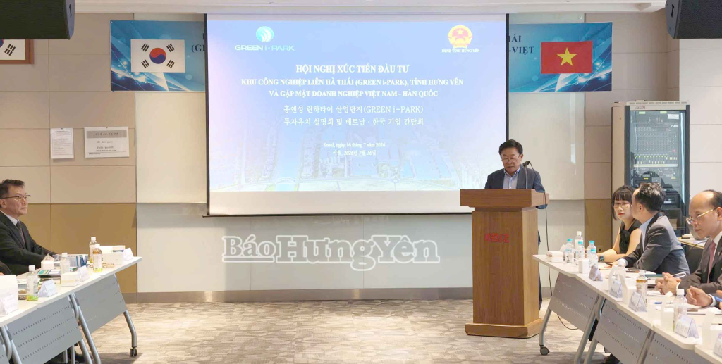 Ông Kim Nam Jung, Chủ tịch Hiệp hội Kbiz phát biểu tại hội nghị xúc tiến đầu tư vào KCN Liên Hà Thái và gặp mặt doanh nghiệp Hàn Quốc.