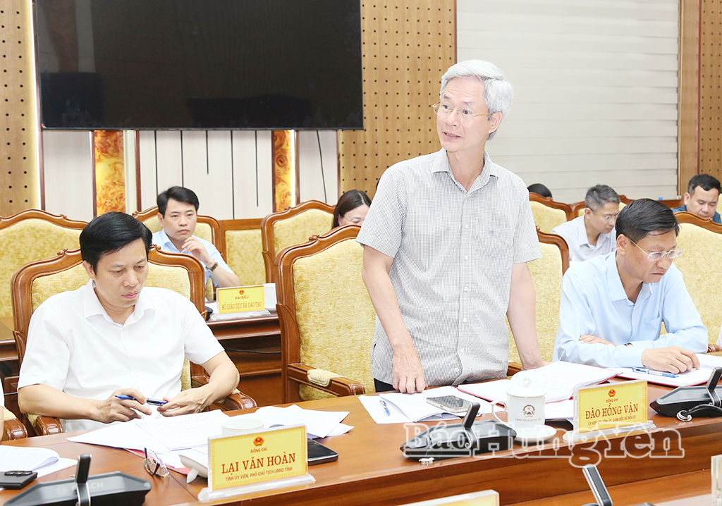 Đồng chí Đào Hồng Vận, Ủy viên Ban Thường vụ Tỉnh ủy, Giám đốc Sở Nội vụ phát biểu tại cuộc họp.