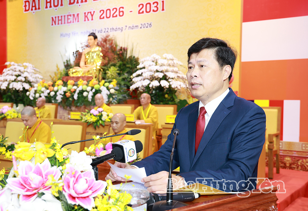 Đồng chí Trần Quốc Toản, Phó Bí thư Thường trực Tỉnh ủy, Chủ tịch Ủy ban MTTQ Việt Nam tỉnh, Trưởng ban Chỉ đạo Công tác tôn giáo tỉnh phát biểu tại Đại hội.
