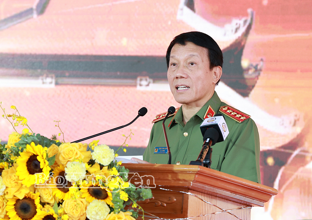Đại tướng Lương Tam Quang, Ủy viên Bộ Chính trị, Bí thư Đảng ủy Công an Trung ương, Bộ trưởng Bộ Công an phát biểu tại lễ khánh thành.