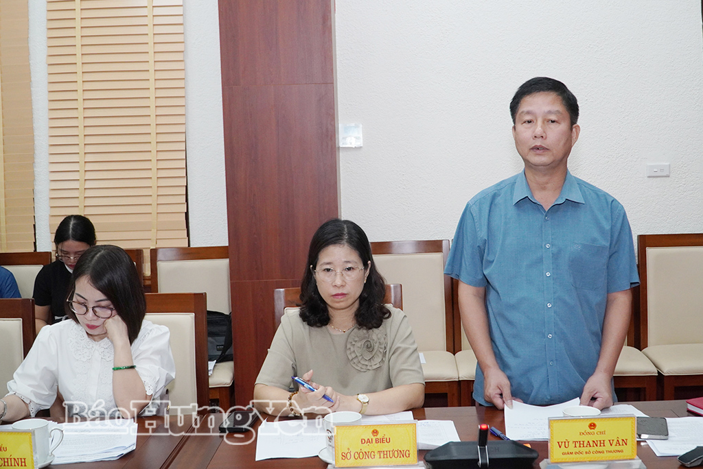 Đồng chí Vũ Thanh Vân, Ủy viên Ban Thường vụ Tỉnh ủy, Giám đốc Sở Công Thương phát biểu tại cuộc họp.