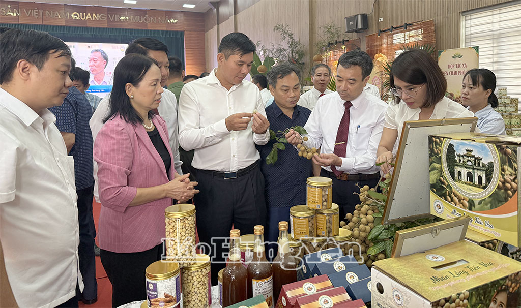 Các đại biểu tham quan gian hàng giới thiệu sản phẩm nhãn của xã Tân Hưng.