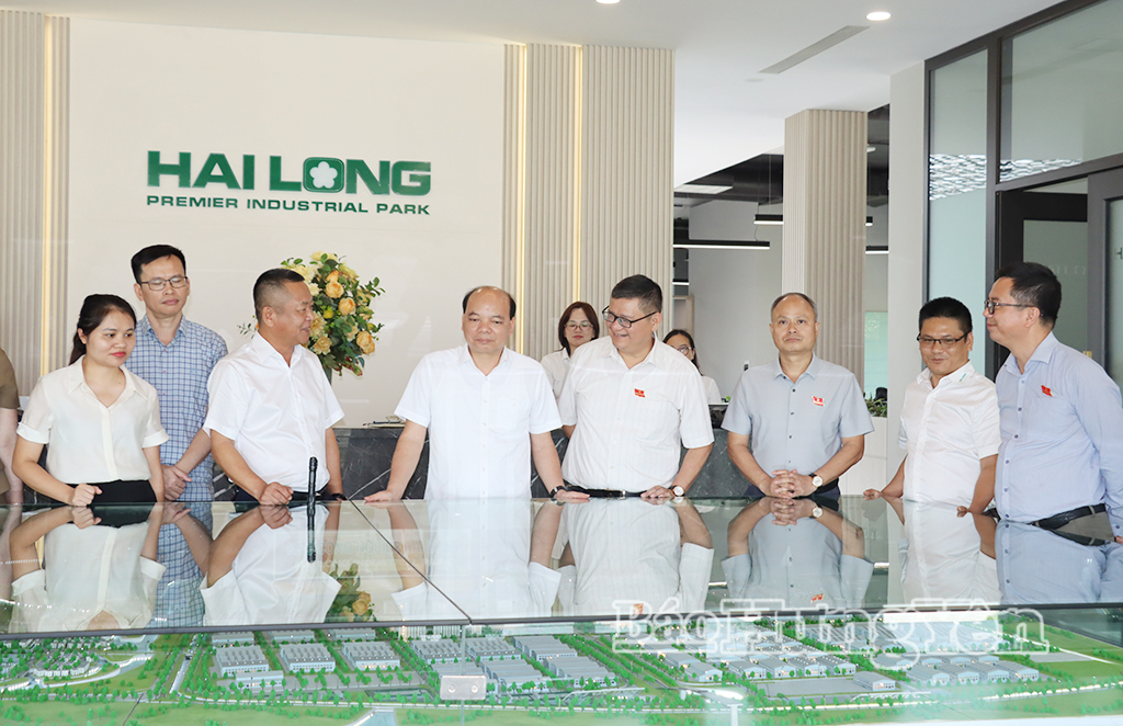 Đồng chí Phó Chủ tịch HĐND tỉnh và các thành viên đoàn giám sát tham quan sa bàn Khu công nghiệp Hải Long.