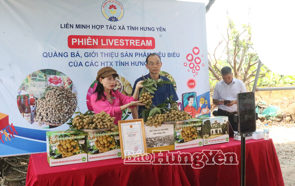 Ông Vũ Hồng Khanh, Phó Giám đốc Trung tâm hỗ trợ phát triển HTX (Liên minh HTX) tham gia phiên livestream quảng bá, giới thiệu sản phẩm nhãn Hưng Yên.