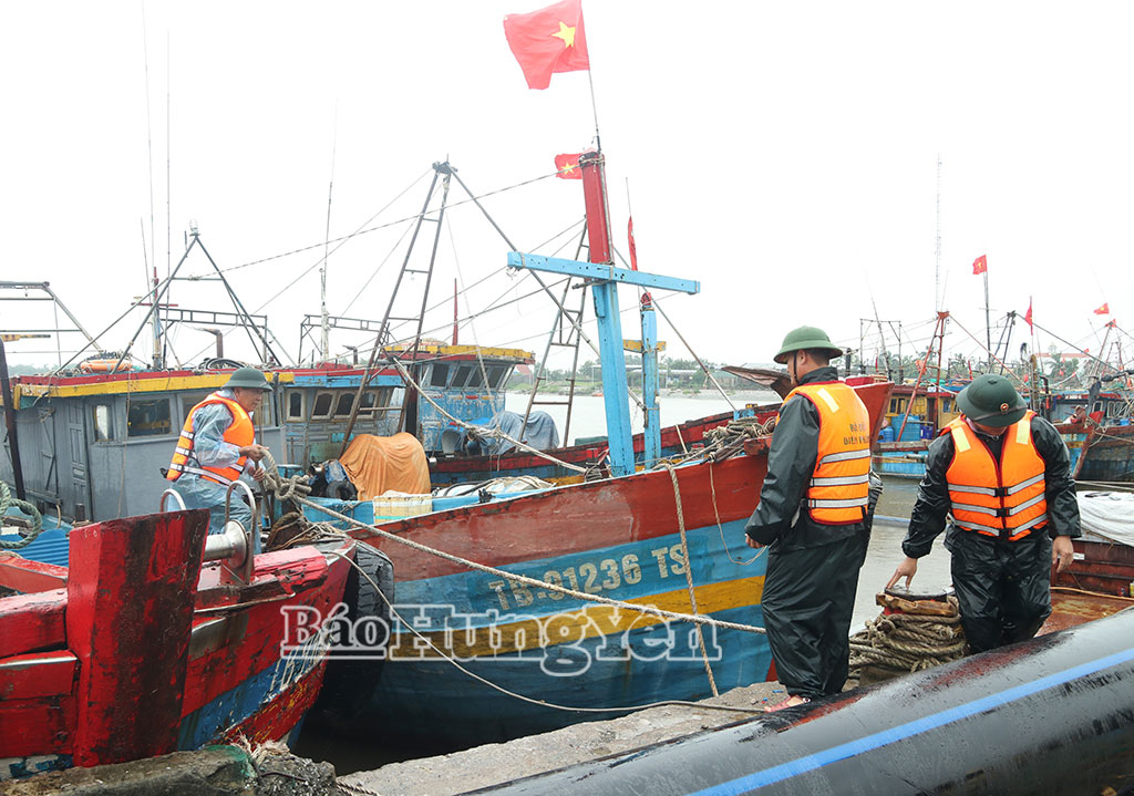 Cán bộ, chiến sĩ Bộ đội Biên phòng hỗ trợ ngư dân gia cố tàu thuyền tại Cảng cá Tân Sơn, xã Thái Thụy để chủ động phòng, chống bão số 4.