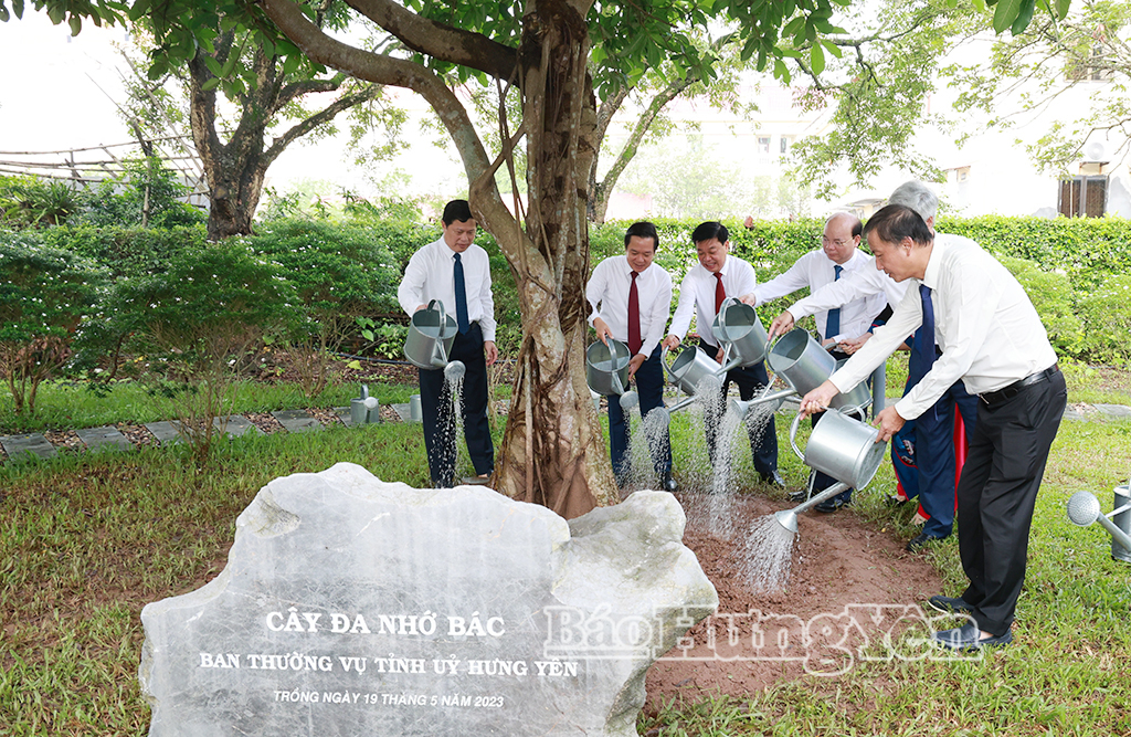 Các đồng chí lãnh đạo tỉnh chăm sóc “Cây đa nhớ Bác” tại Nhà lưu niệm Bác Hồ (phường Phố Hiến). Ảnh Lê Hiếu