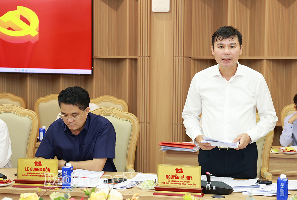 Đồng chí Nguyễn Lê Huy, Ủy viên Ban Thường vụ Tỉnh ủy, Phó Chủ tịch Thường trực UBND tỉnh phát biểu tại cuộc họp.