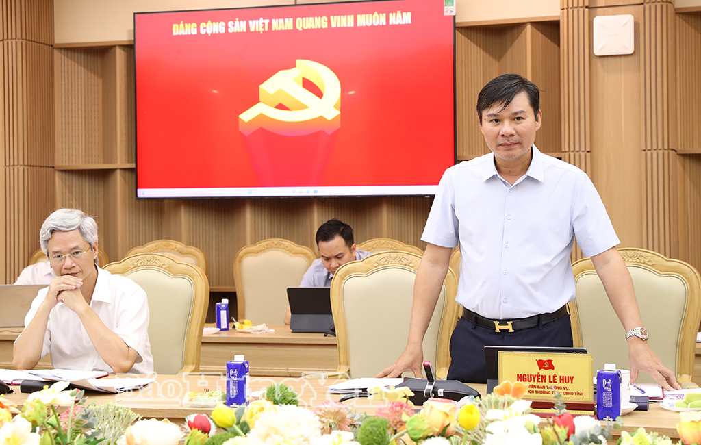 Đồng chí Nguyễn Lê Huy, Ủy viên Ban Thường vụ Tỉnh ủy, Phó Chủ tịch Thường trực UBND tỉnh phát biểu tại cuộc họp.