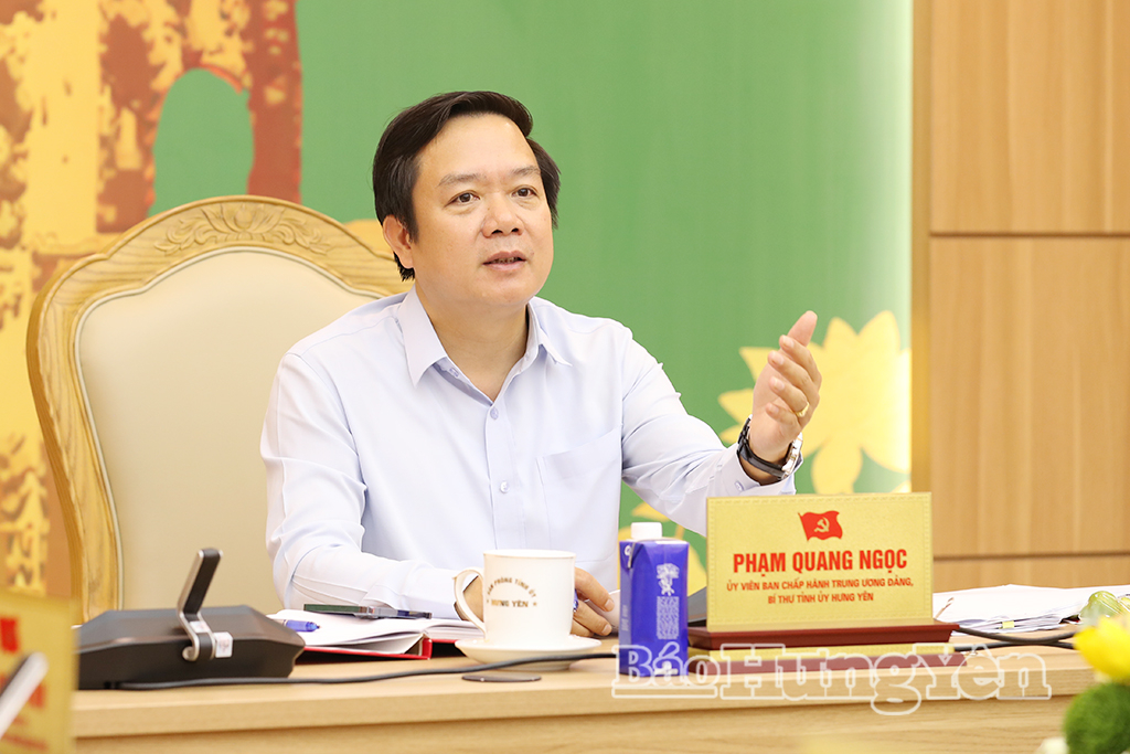 Đồng chí Phạm Quang Ngọc, Ủy viên Ban Chấp hành Trung ương Đảng, Bí thư Tỉnh ủy phát biểu tại cuộc họp.