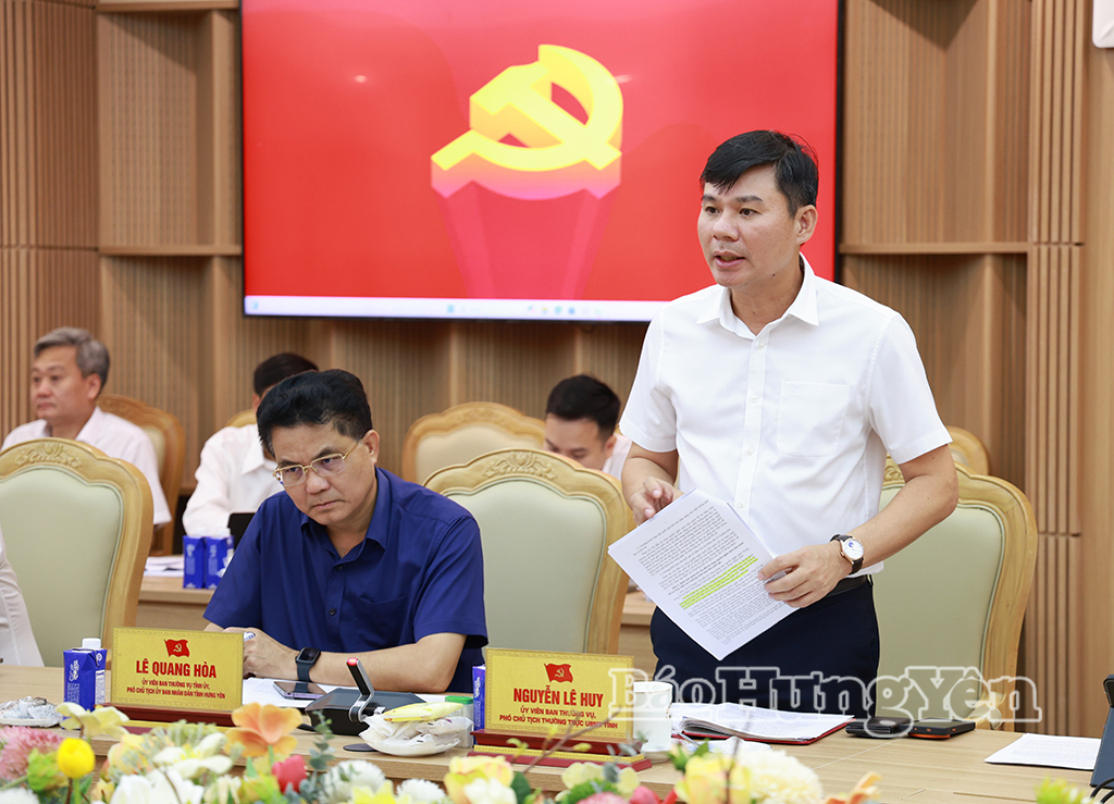 Đồng chí Nguyễn Lê Huy, Ủy viên Ban Thường vụ Tỉnh ủy, Phó Chủ tịch Thường trực UBND tỉnh phát biểu tại cuộc họp.